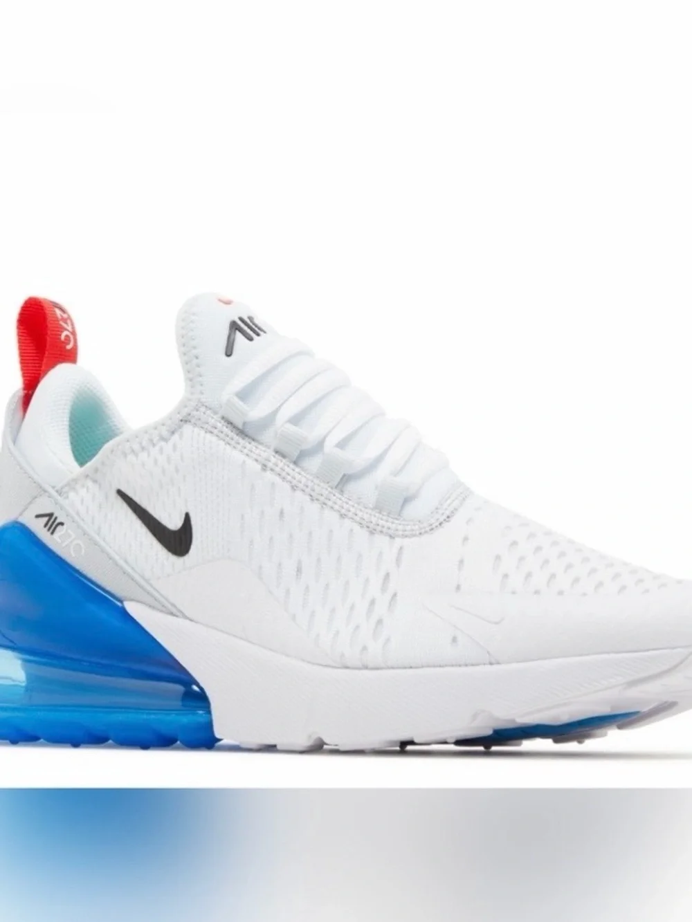 Nike Air Max 270 White with Blue Heel and Red Pull Tab